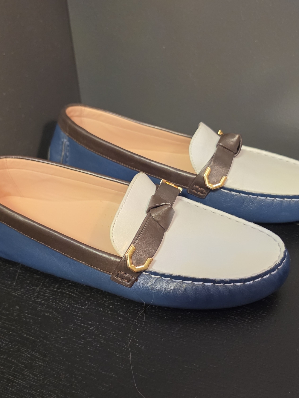 Cole Haan Blue, White and Brown Leather Slip-On Driving Loafers